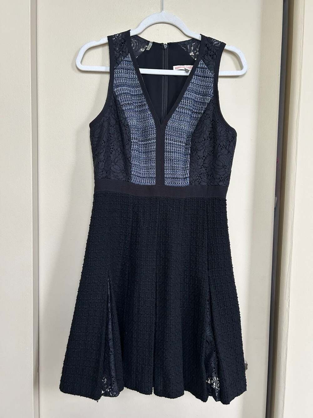 Rebecca Taylor Black Blue Tweed Textured Lace Fit and Flare Dress, 6